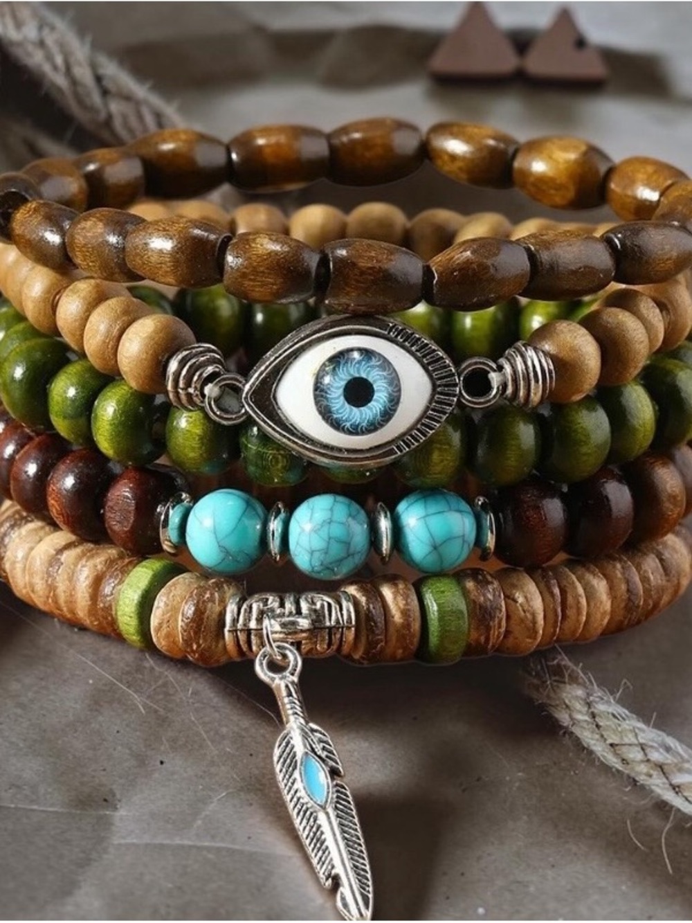 Bohemian Turquoise Eye Charm Layered Beaded Bracelet - Unbranded